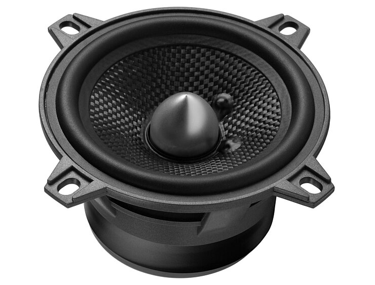 Round black speaker with visible diaphragm
