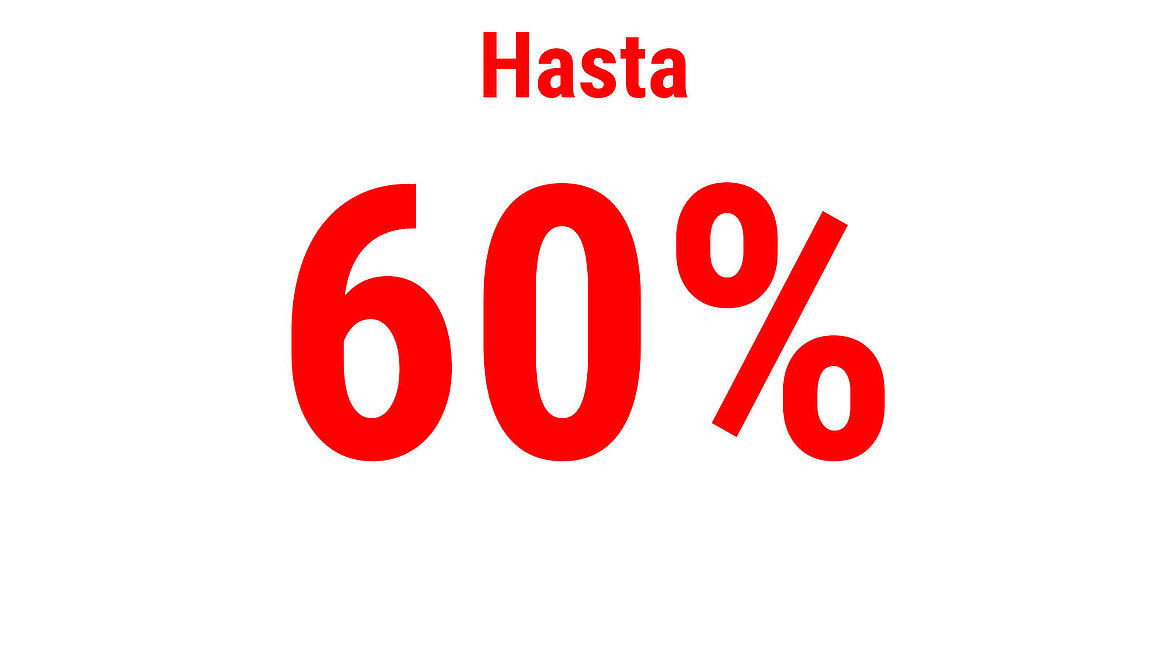 Texto en rojo que indica “Hasta 60 %”