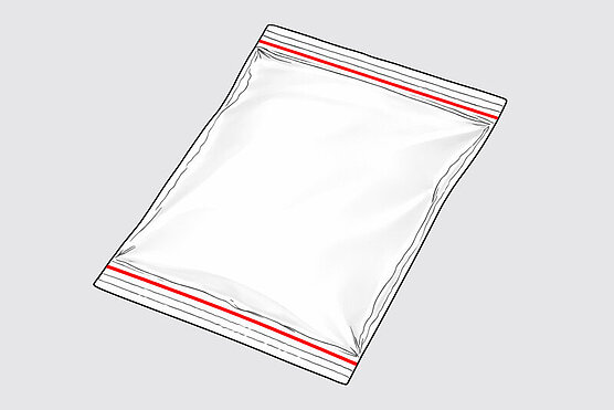 Pillow bag with red marked cross seal, sealed by ultrasonics