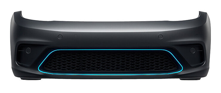 Black front bumper with central air grille and blue‑accented contour