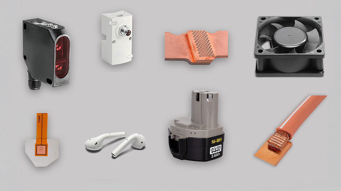 Exemplos de aplicação de soldagem ultrassônica: carcaças, sensores, barras condutoras, cabos, dispositivos vestíveis e ventiladores