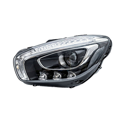 Clear vehicle headlight with LED elements and a projection‑capable main lens