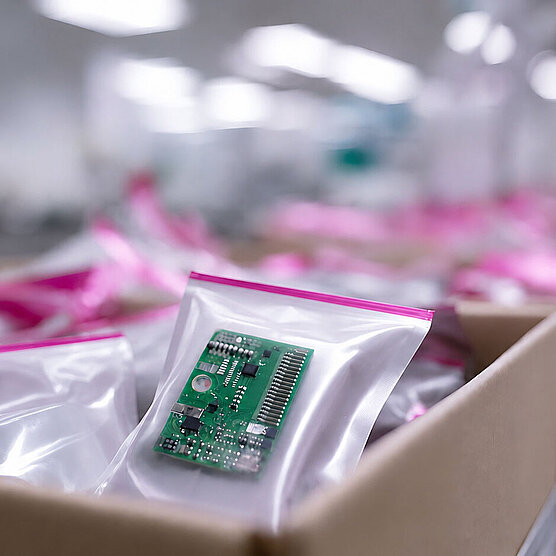 Circuit boards in plastic bags with pink closure in boxes