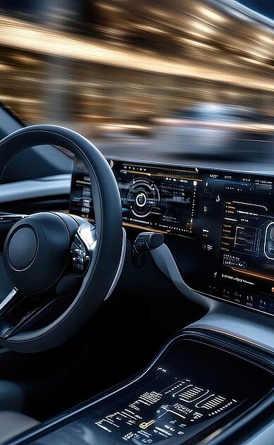 Modernes Auto-Cockpit mit großem digitalen Display und Lenkrad