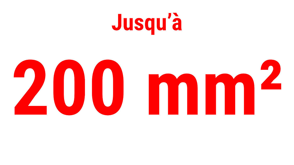 Texte rouge affichant « Jusqu’à 400 mm² » comme indicateur de performance