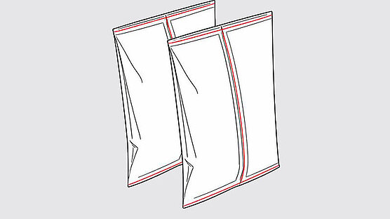 Sachet type coussin avec soudure longitudinale ultrasonique en pointillés rouges