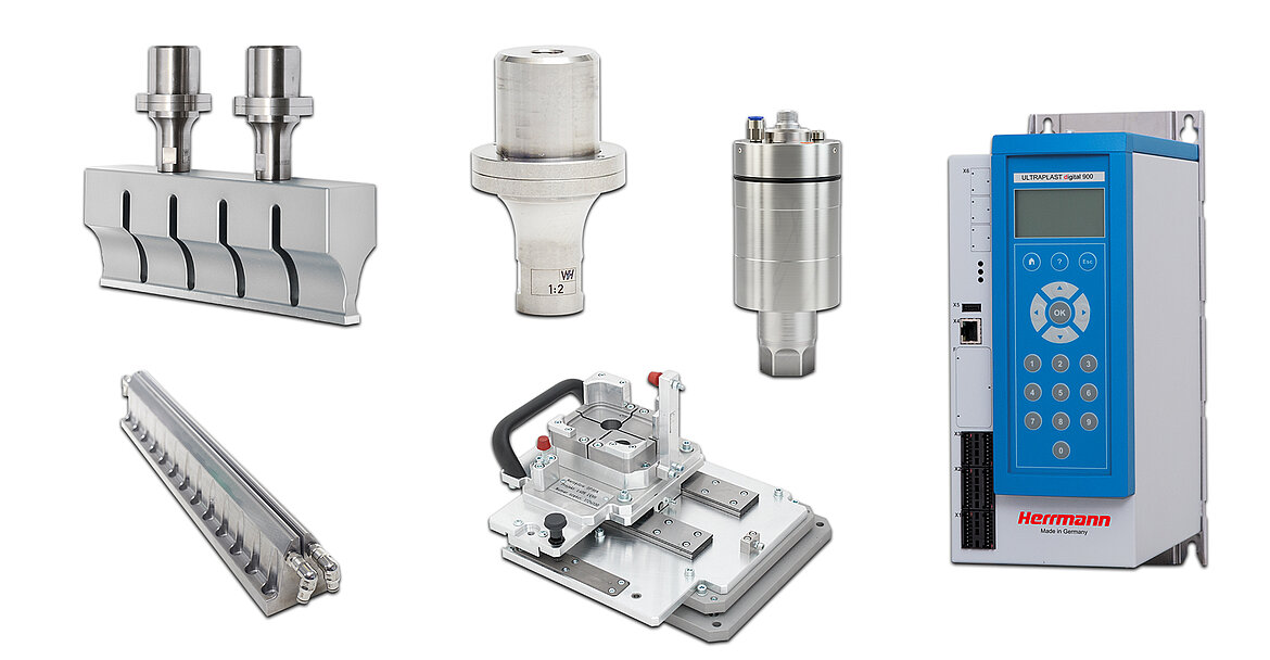 Ultrasonic welding components including sonotrodes, booster, converter, tooling fixture, and control unit