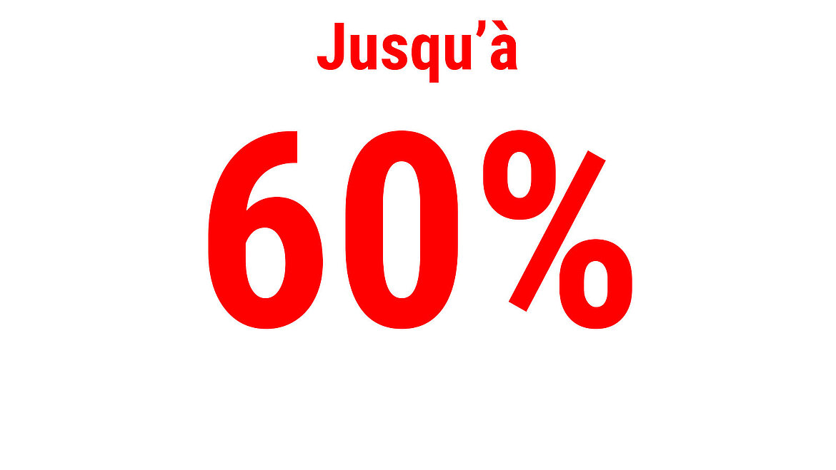 Texte en rouge indiquant “Jusqu’à 60 %”