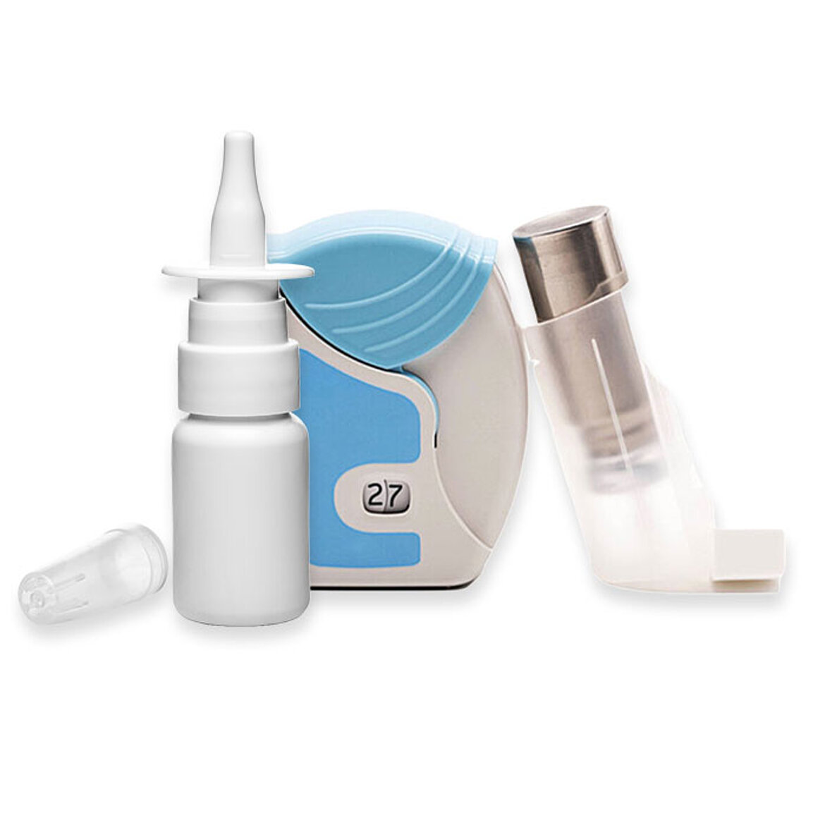 Inhalator mit Nasenspray und transparentem Mundstück