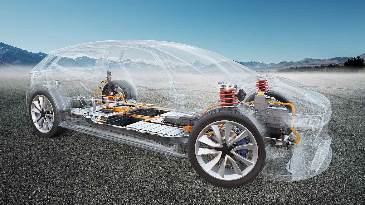Transparent car view with visible electric drive and battery systems